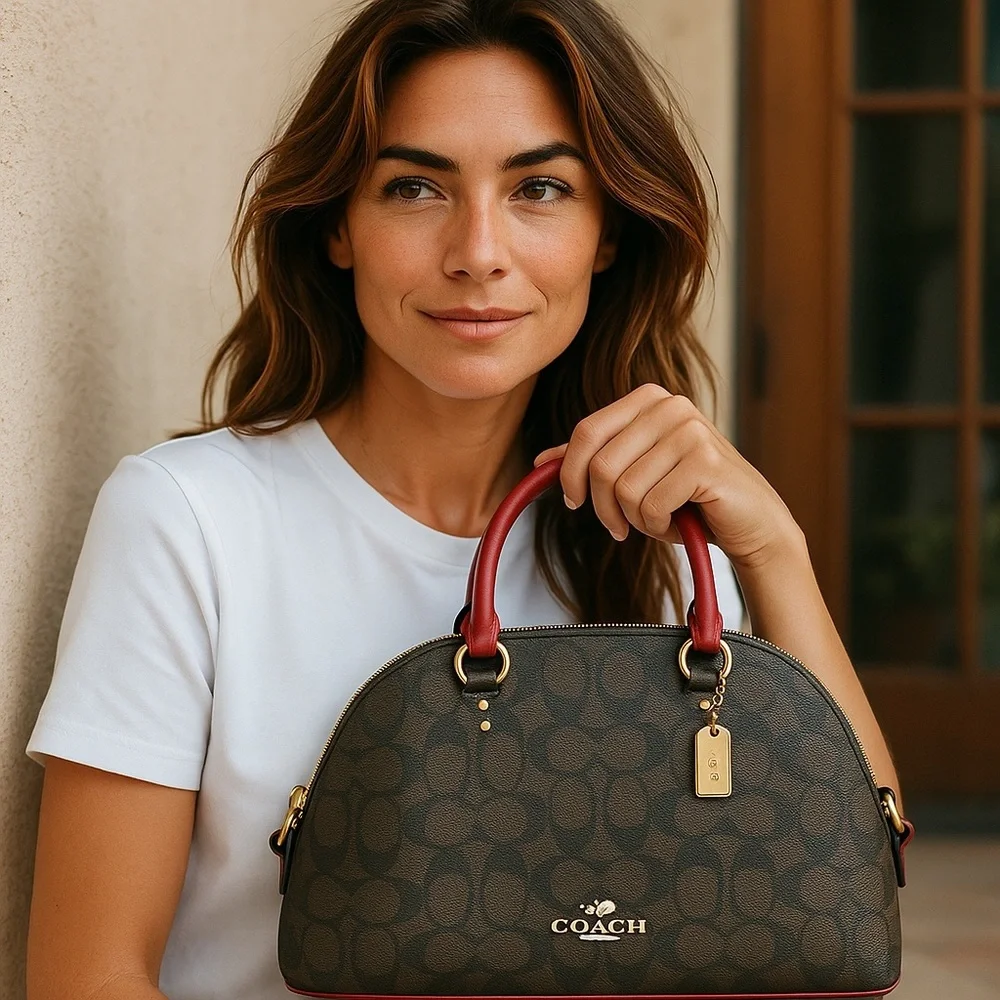 Coach Signature Katy Satchel Brown and Red Coach Logo Bag - Picture 1 of 12